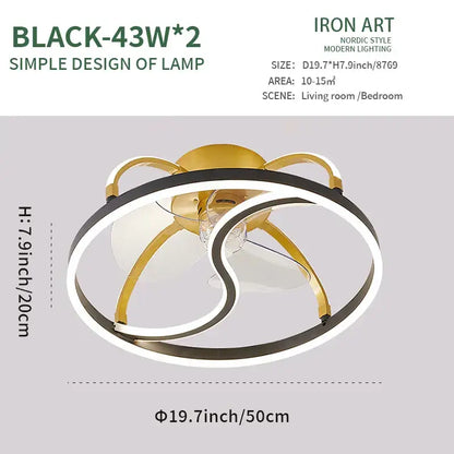 Modern white ring led ceiling fan featuring a sleek black and gold finish with intertwined circular led rings