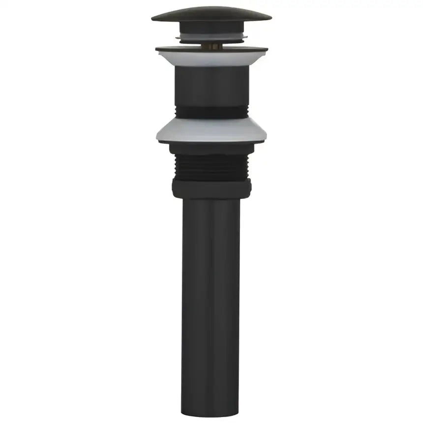 Black matte-finish bathroom sink drain with silver accents paired with modern white and elegant rose gold basin faucet