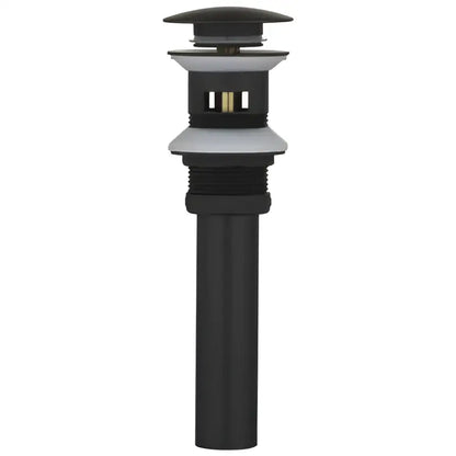 Black matte-finish bathroom sink drain with metallic accents paired with elegant rose gold basin faucet and waterfall tap