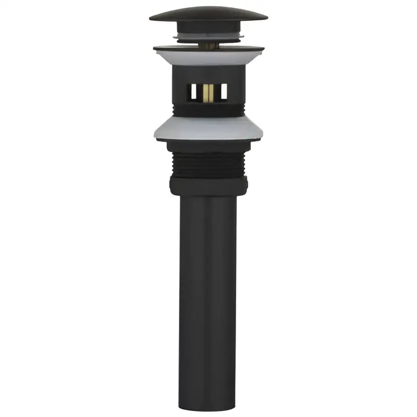 Black matte-finish bathroom sink drain with metallic accents paired with elegant rose gold basin faucet and waterfall tap