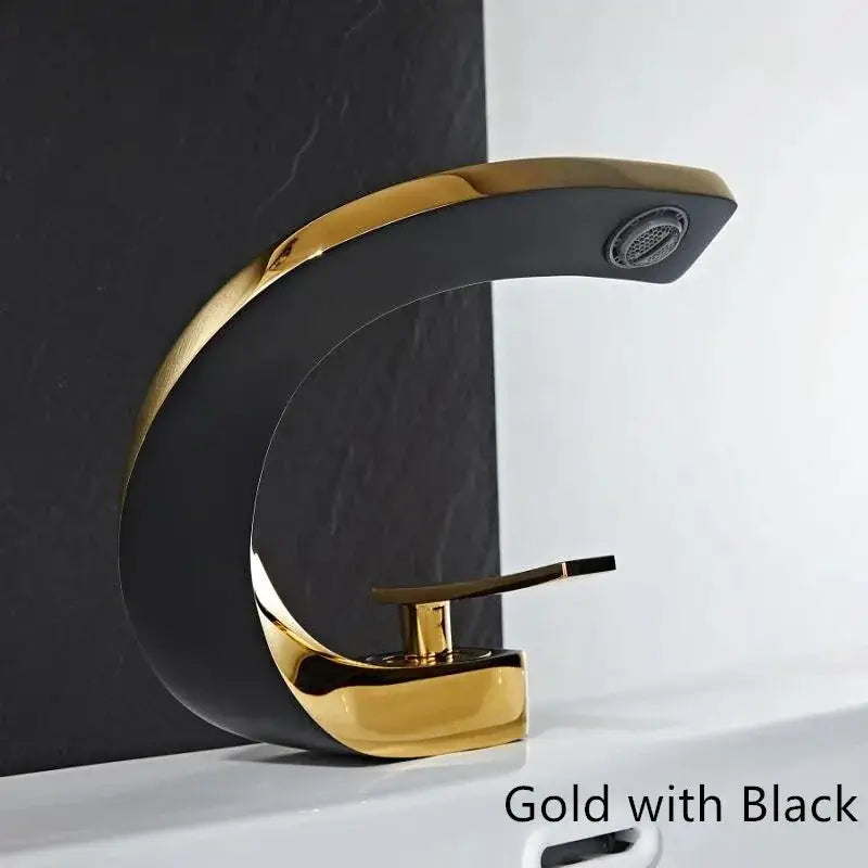 Modern white and rose gold basin faucet with elegant rose gold finish and sleek curved design for bathroom use