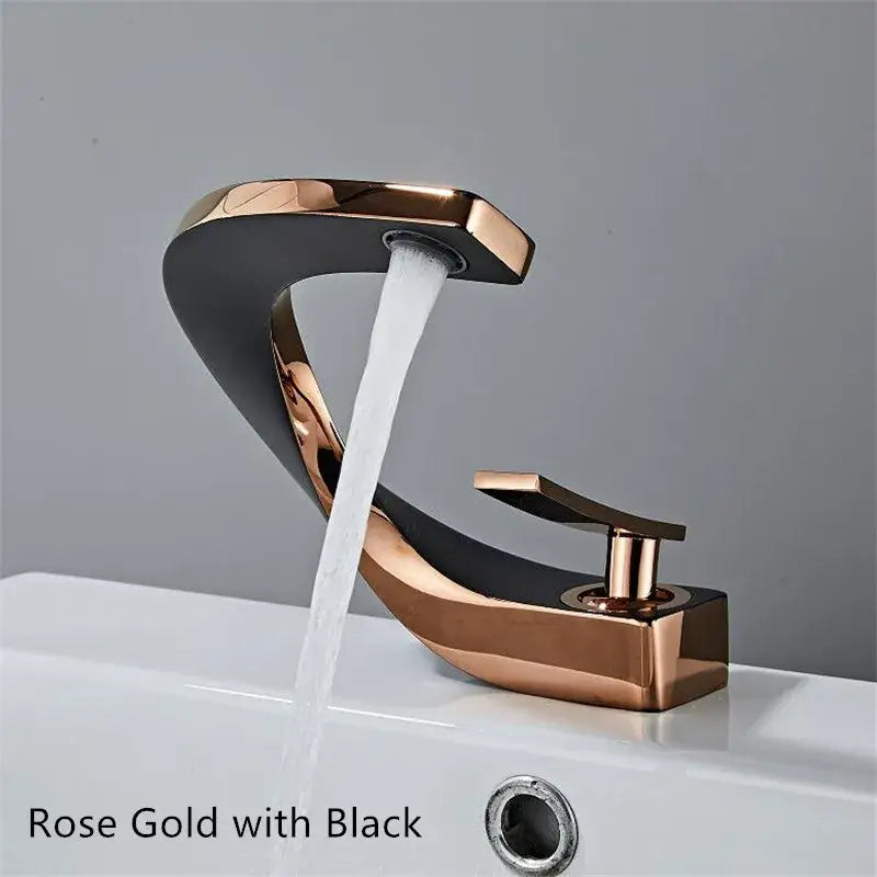 Modern white and rose gold basin faucet with elegant rose gold finish and sleek black two-tone design for bathroom use