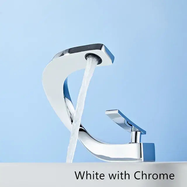 Modern white and rose gold basin faucet with elegant rose gold finish and chrome curved design with white ceramic base