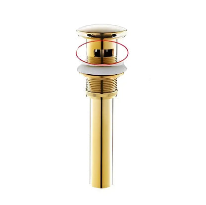 Gold-colored sleek cylindrical bathroom sink drain with polished rose gold finish for elegant basin faucet setup