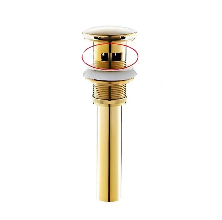 Gold-colored sleek cylindrical bathroom sink drain with polished rose gold finish for elegant basin faucet setup