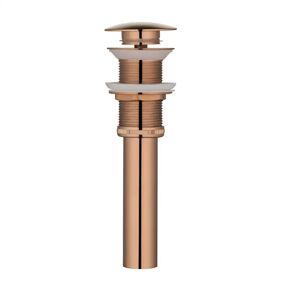 Modern white and rose gold basin faucet with copper-finished drain featuring elegant rose gold finish and ridged design