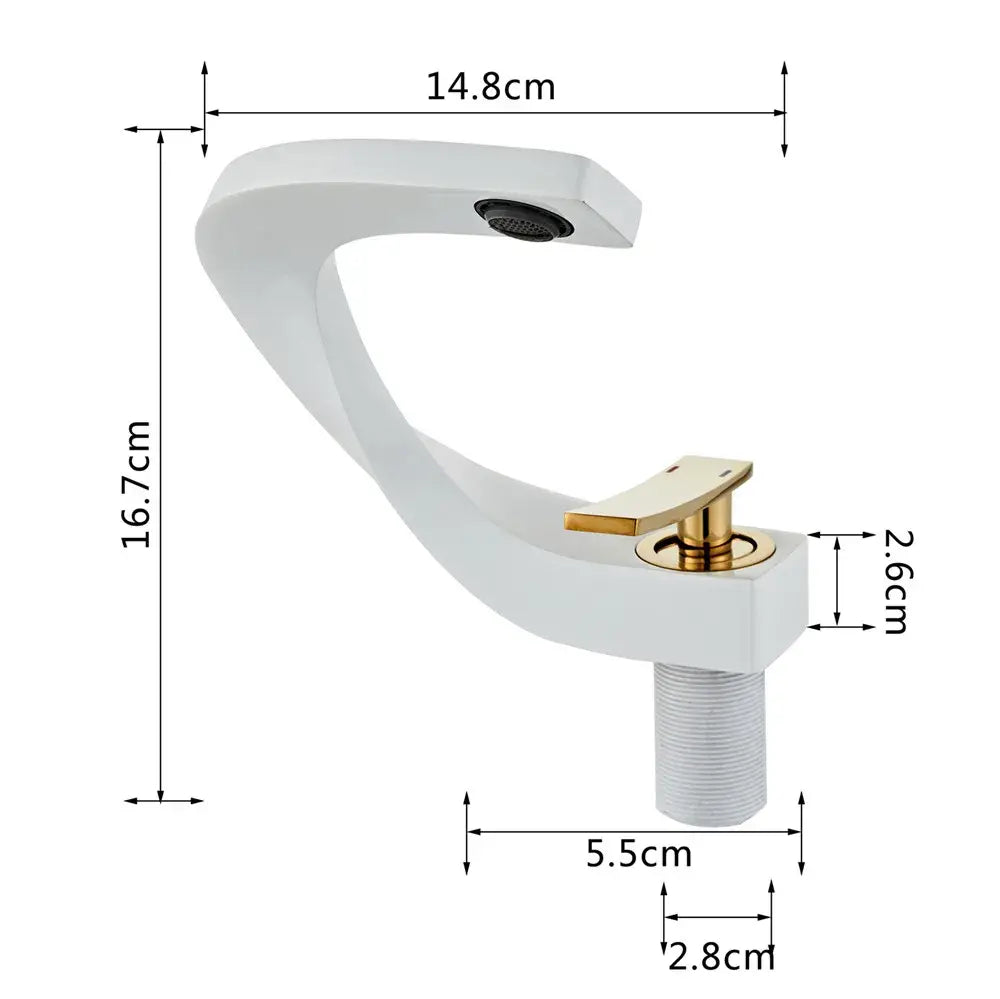 Modern white basin faucet with sleek curved design and elegant rose gold finish handle for bathroom use