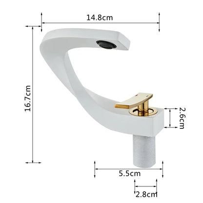 Modern white basin faucet with sleek curved design and elegant rose gold finish handle for bathroom use
