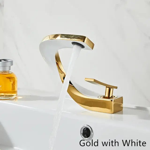 Modern white and rose gold basin faucet with elegant rose gold finish and sleek waterfall tap design for bathroom use