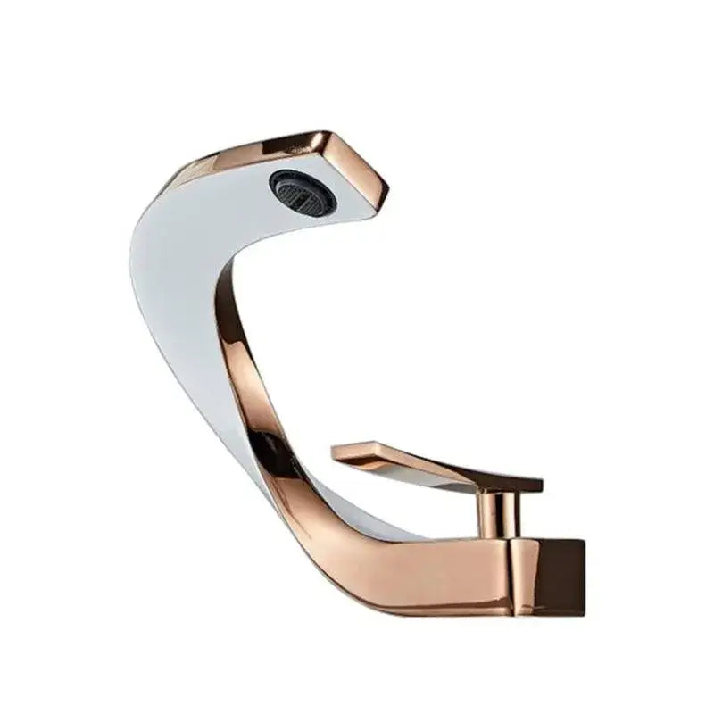 Modern white and rose gold basin faucet with elegant rose gold finish and sleek curved waterfall tap design