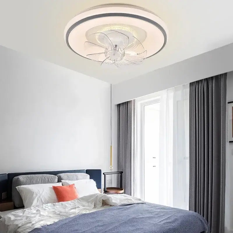 Modern white and silver led ceiling fan with transparent glass blades and warm led illumination for living room decorbites ceiling fan