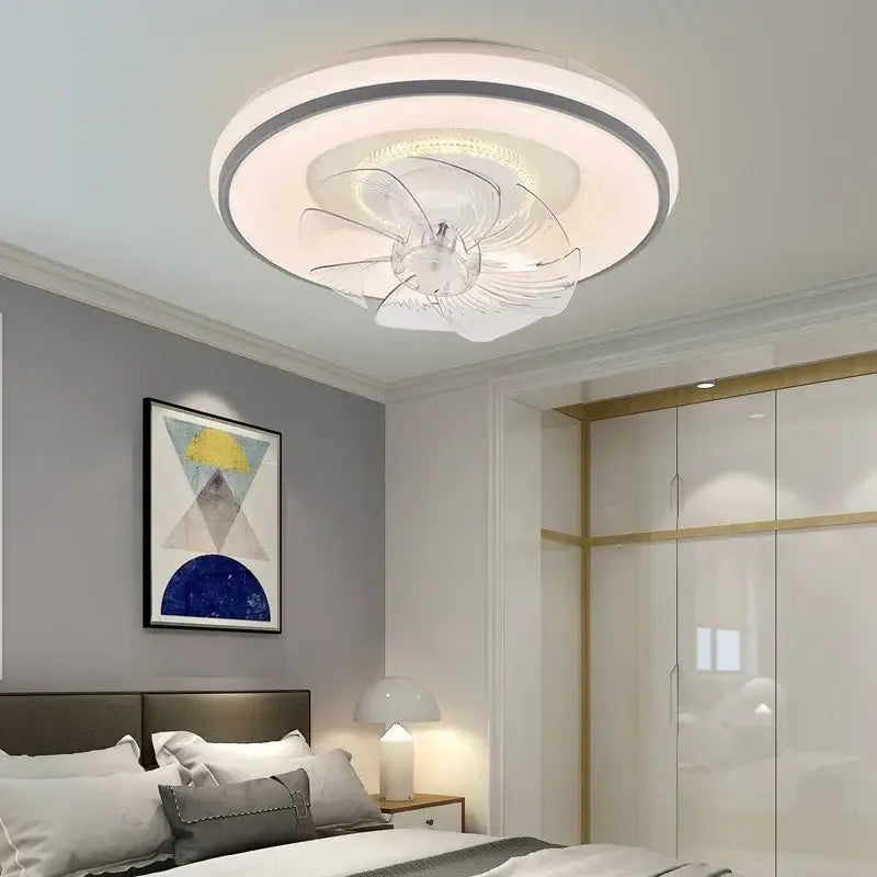 Modern white and silver decorbites led ceiling fan with invisible blades and integrated led lighting for living room decor
