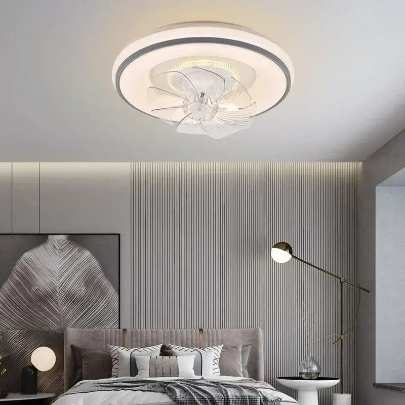 Modern white and silver led ceiling fan with transparent glass blades and sleek frame for living room decorbites led ceiling fan