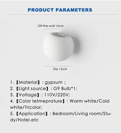 Modern white spherical gypsum led wall lamp with g9 bulb socket for bedroom as a stylish wall lamp option