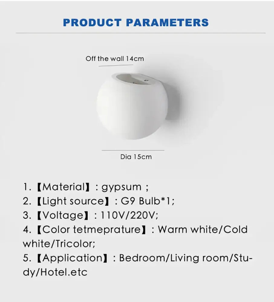Modern white spherical gypsum led wall lamp with g9 bulb socket for bedroom as a stylish wall lamp option