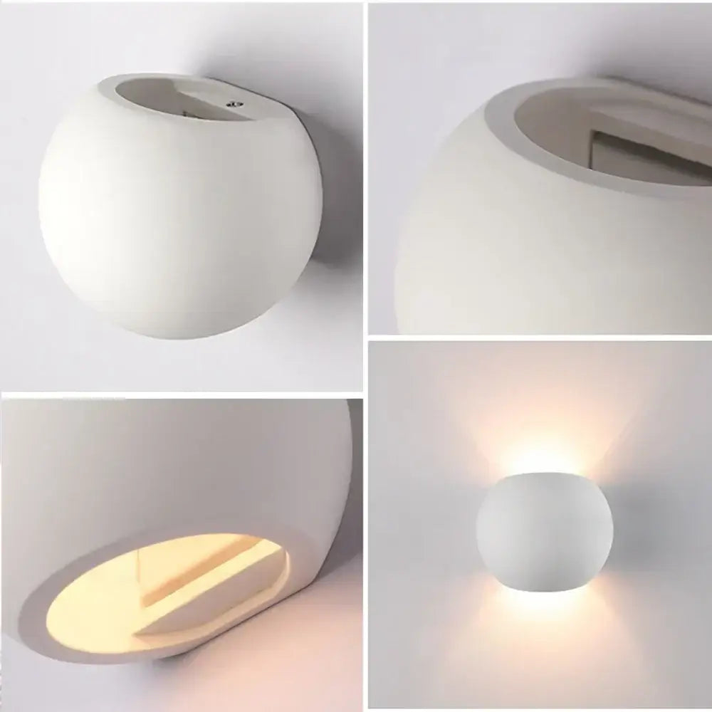 Modern white spherical gypsum led wall lamp with matte finish and minimalist design for bedroom sconce lighting