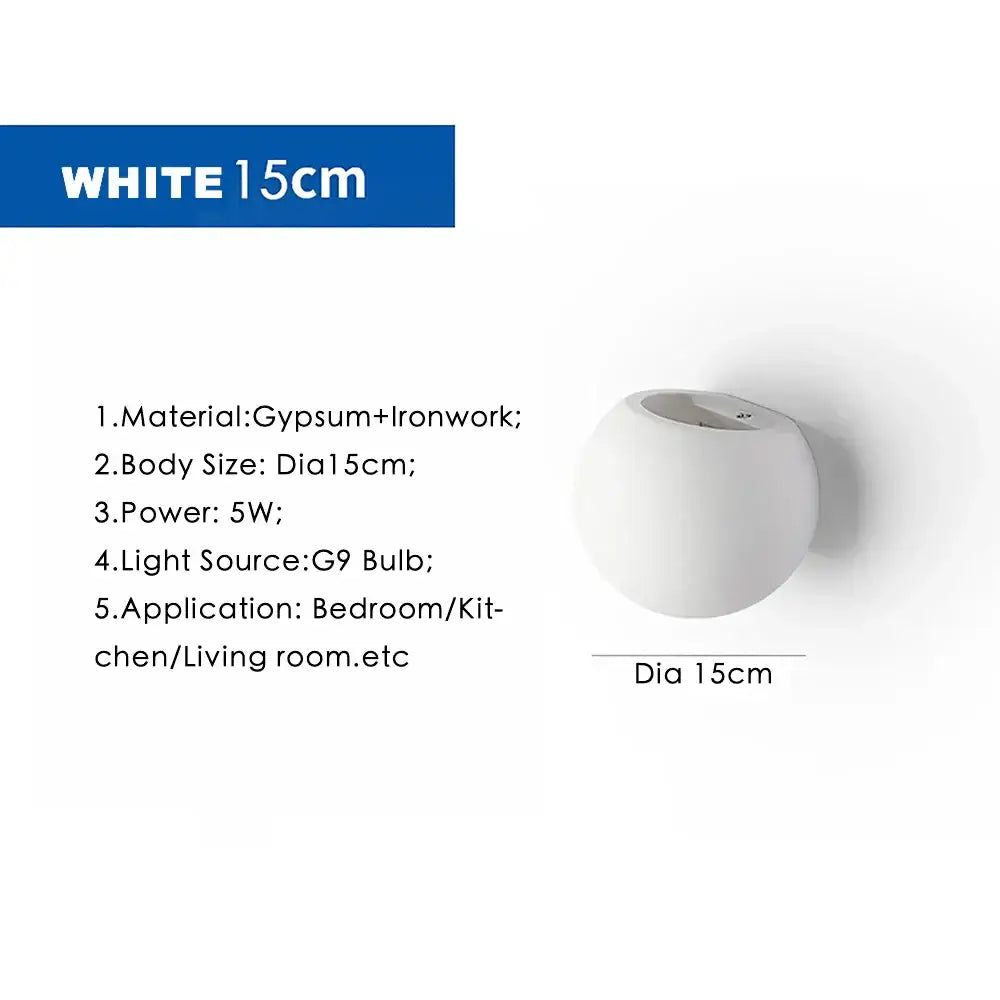 Modern white spherical gypsum led wall lamp 15cm diameter with matte finish for bedroom wall lighting