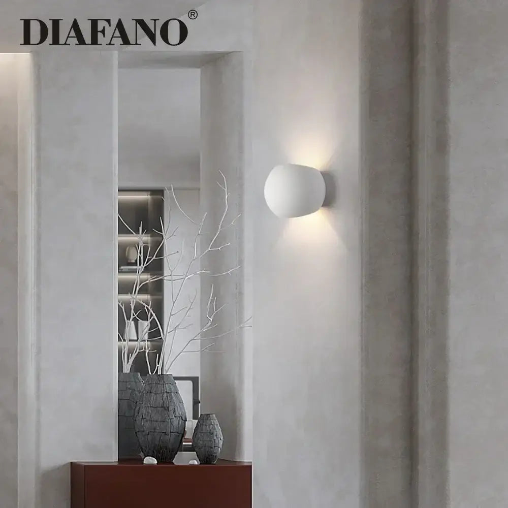 Modern white spherical gypsum led wall lamp with matte finish and diafano logo for bedroom sconce lighting