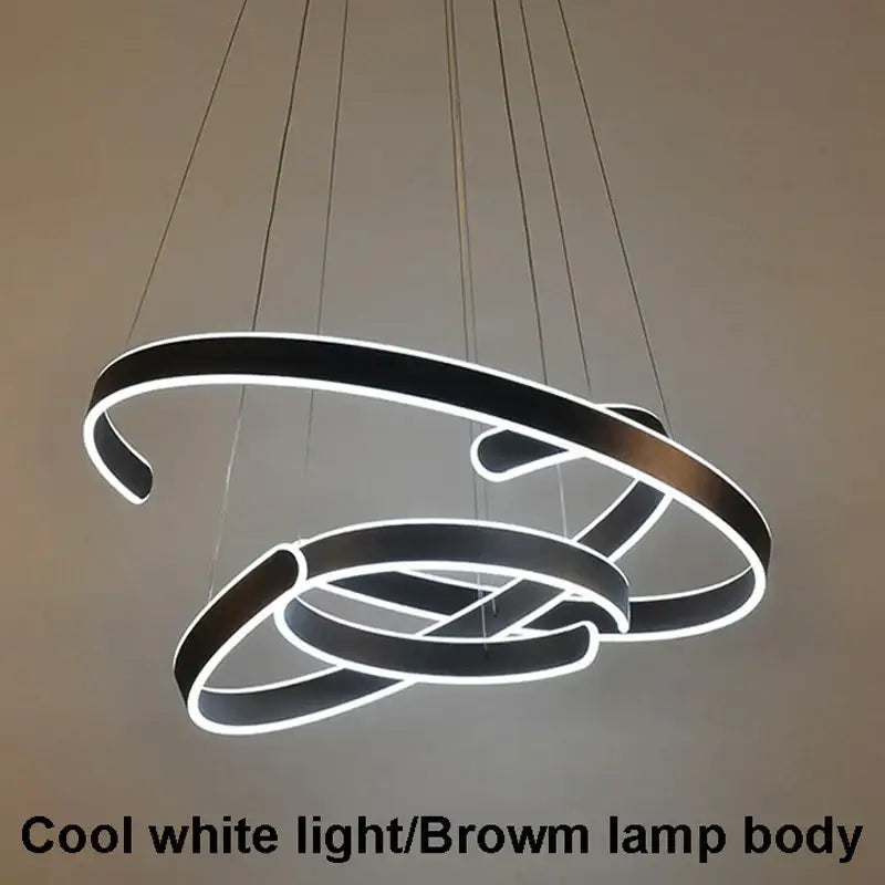 Modern black and brown ring-shaped pendant light with cool white led illumination featuring decorbites geometry circle rings