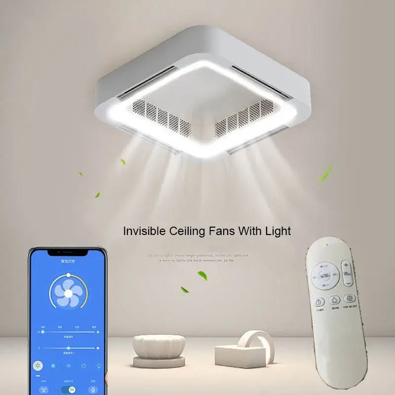 Modern white square bladeless ceiling fan light with integrated ventilation grilles for bedroom decorbites ceiling fan
