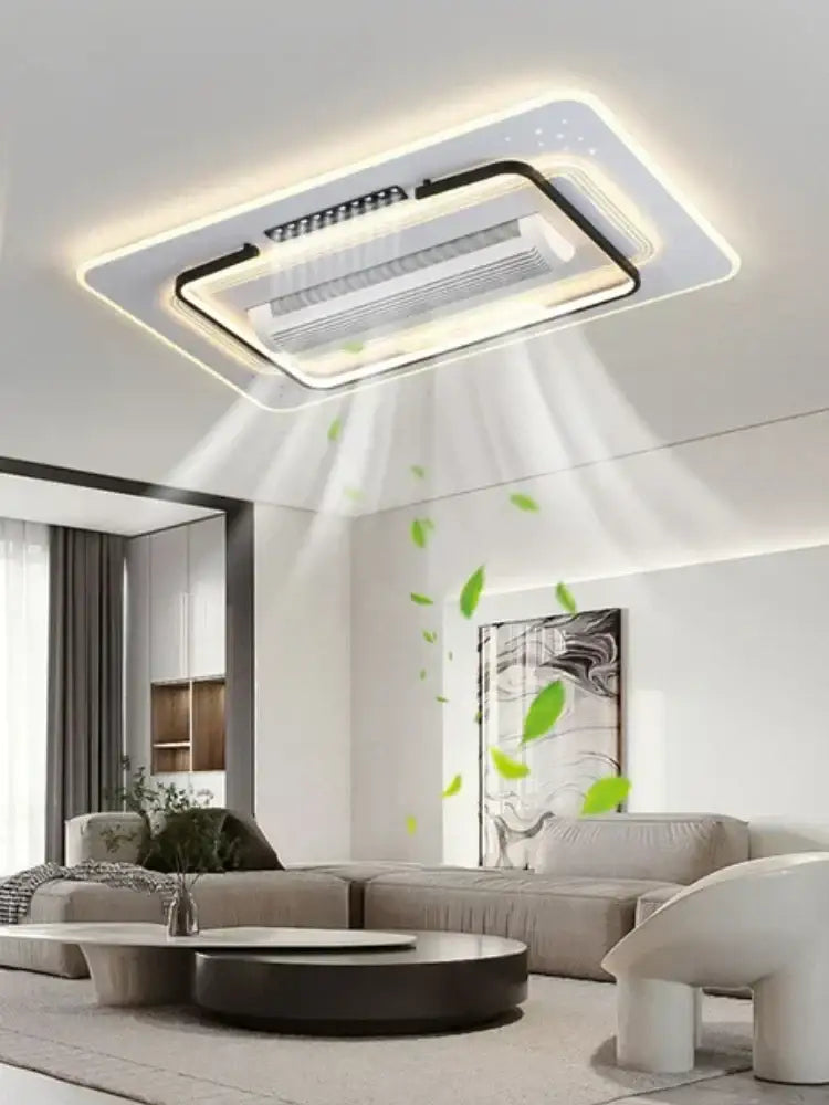 Modern white rectangular ceiling fan light with sleek bladeless design and integrated led lighting for bedroom use