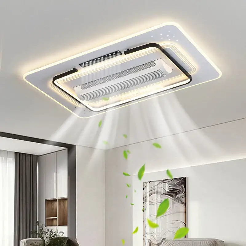 Modern white square bladeless ceiling fan light with integrated led lighting and sleek black and white ceiling fan design