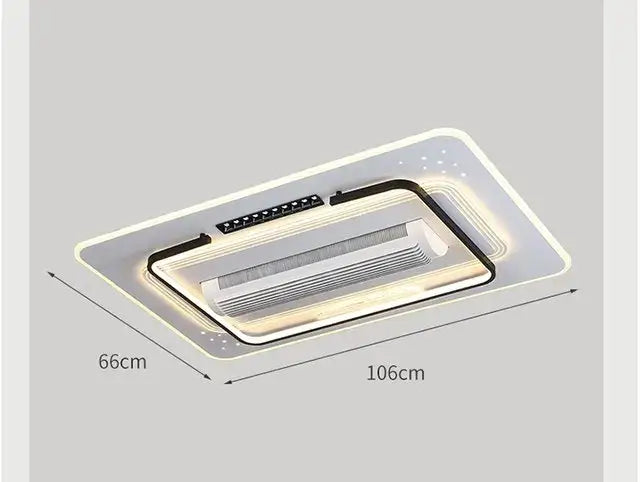 Modern white square bladeless ceiling fan light with sleek black trim and integrated led strip for warm ambient lighting