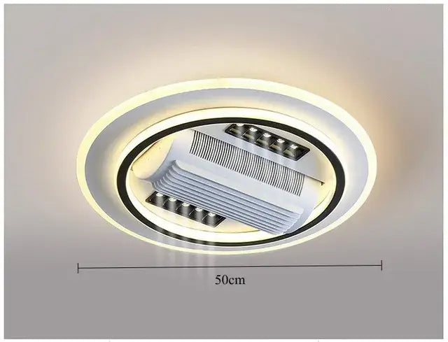 Modern white square bladeless ceiling fan light with sleek black and white design and illuminated circular led panel