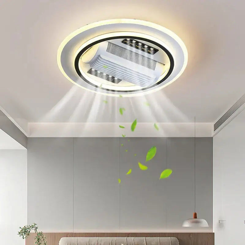 Modern white square bladeless ceiling fan light with integrated led lighting and sleek finish for bedroom use