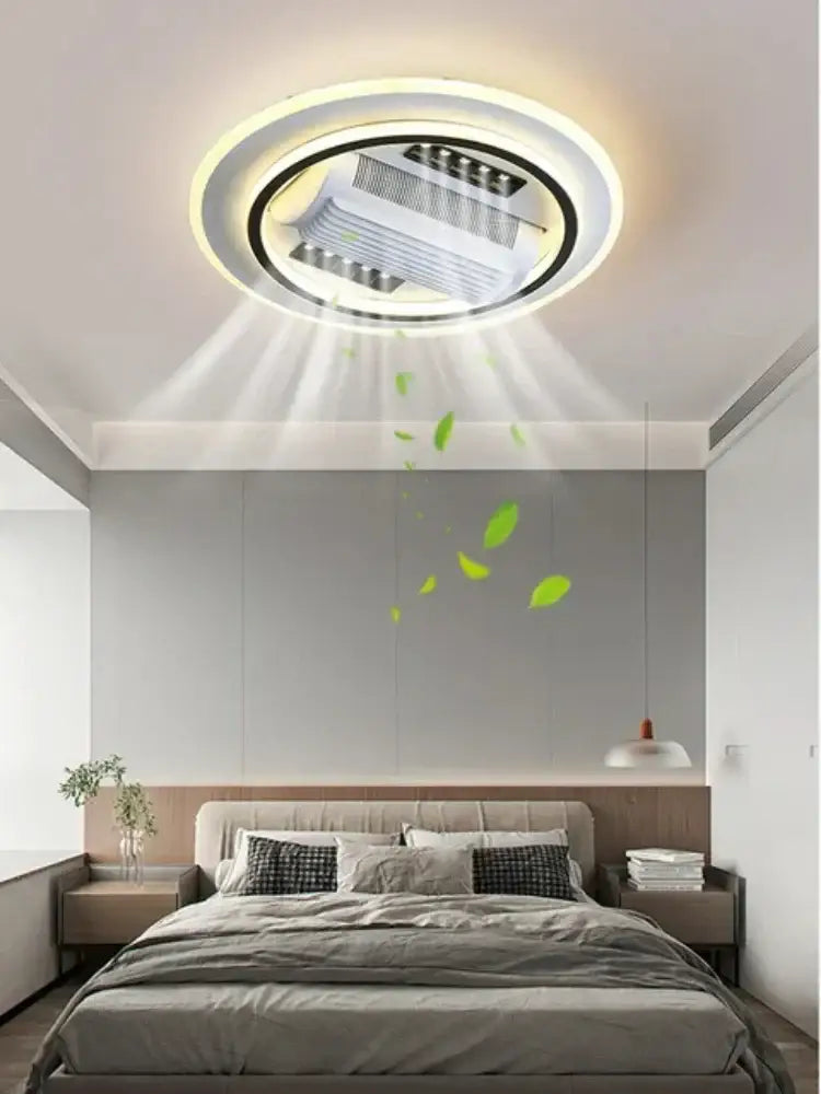 Modern white square bladeless ceiling fan light featuring a circular ceiling-mounted air purifier with warm led lighting