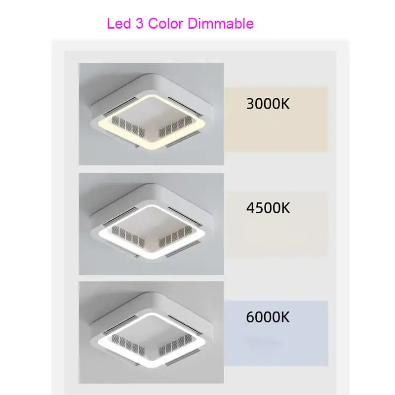 Modern white square bladeless ceiling fan light with white square led panel and three color temperature options