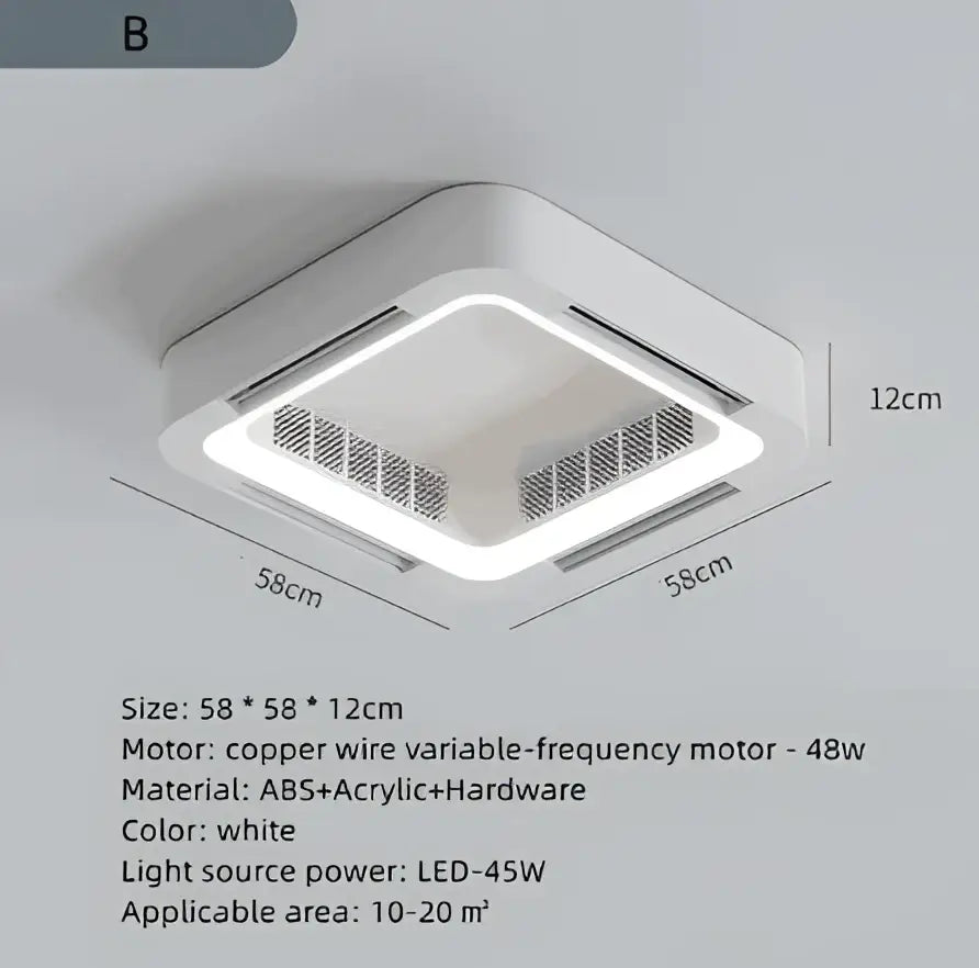 Modern white square ceiling fan light with led fixture and integrated ventilation grilles for bedroom use