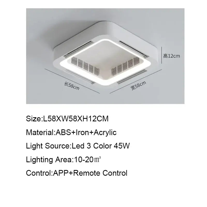 Modern white square bladeless ceiling fan light with three-color led lighting made of abs iron and acrylic for bedroom