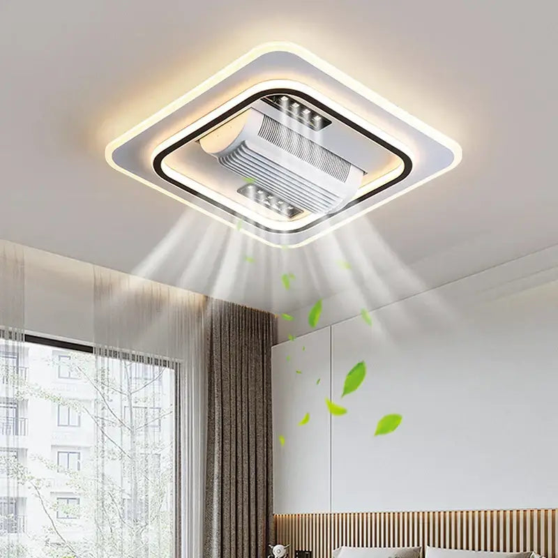 Modern white square bladeless ceiling fan light with integrated led lighting and sleek minimalist design for bedroom