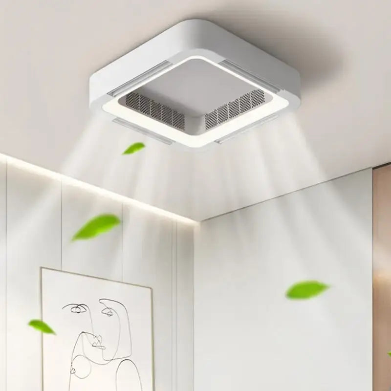 Modern white square bladeless ceiling fan light with mesh vents for bedroom air purification and lighting