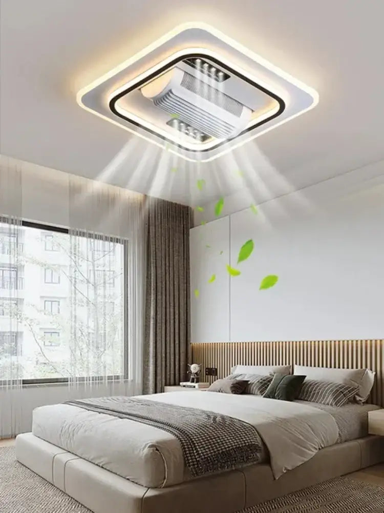 Modern white square bladeless ceiling fan light with sleek black accents and integrated led lighting for bedroom ceiling fan light