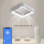 Modern white square bladeless ceiling fan light with integrated ventilation grilles for bedroom use