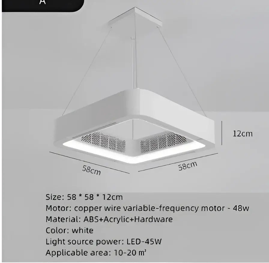 Modern white square bladeless ceiling fan light with led 45w abs acrylic design for bedroom use