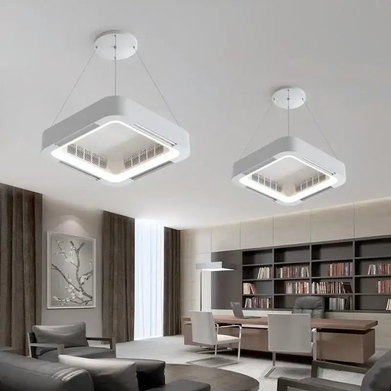 Modern white square bladeless ceiling fan light with sleek minimalist design and integrated led lighting for bedroom