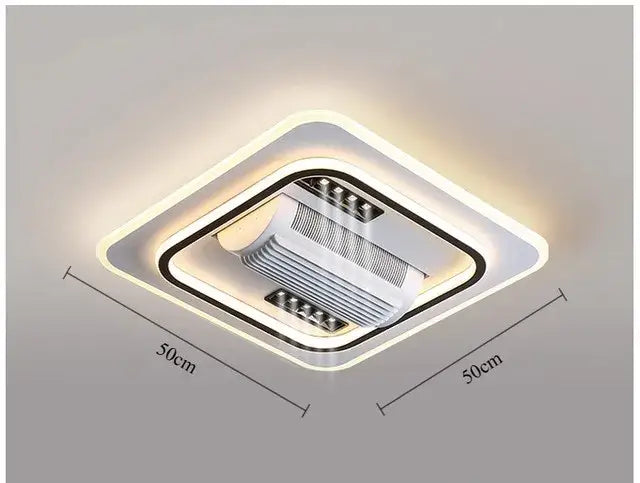 Modern white square bladeless ceiling fan light with integrated led ring and sleek silver design for bedroom use