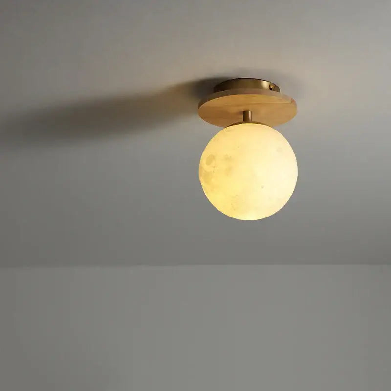 Warm-toned spherical ceiling light with matte finish brass base and wooden accent decorbites ceramic wood led design