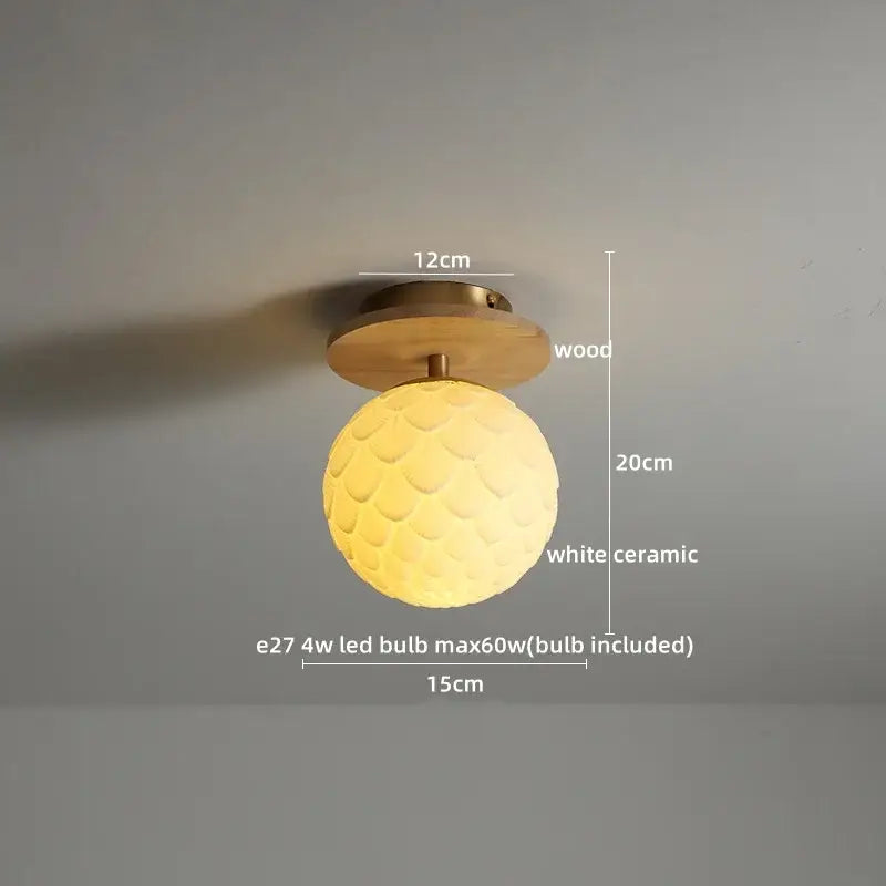 Modern white textured ceramic wood led ceiling light with a warm glowing spherical design for bedroom decorbites ceramic wood