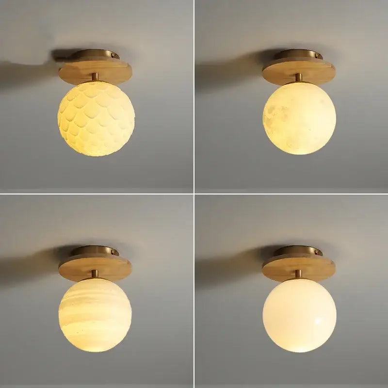 Modern white textured ceramic wood led ceiling light with warm-toned frosted glass globe and brass finish decorbites ceramic wood