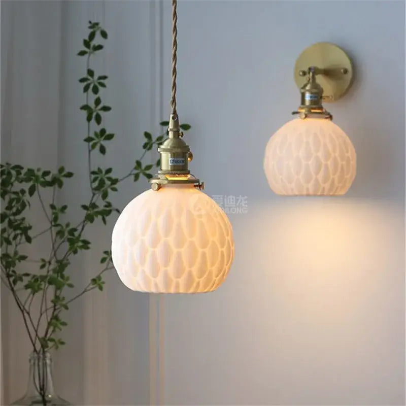 Antique brass-finished pendant and wall sconce with frosted honeycomb glass globes ceramic led pendant lights by decorbites