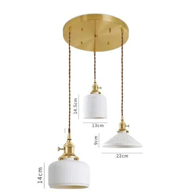 Gold-toned modern ceramic led pendant light with three white textured glass shades for kitchen decorbites ceramic led pendant