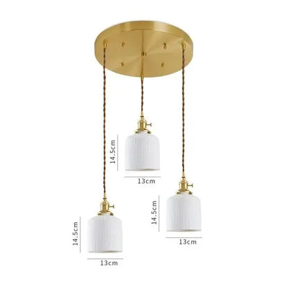 Modern white textured glass ceramic led pendant light with gold-toned fixture and three white ribbed glass shades by decorbites ceramic led