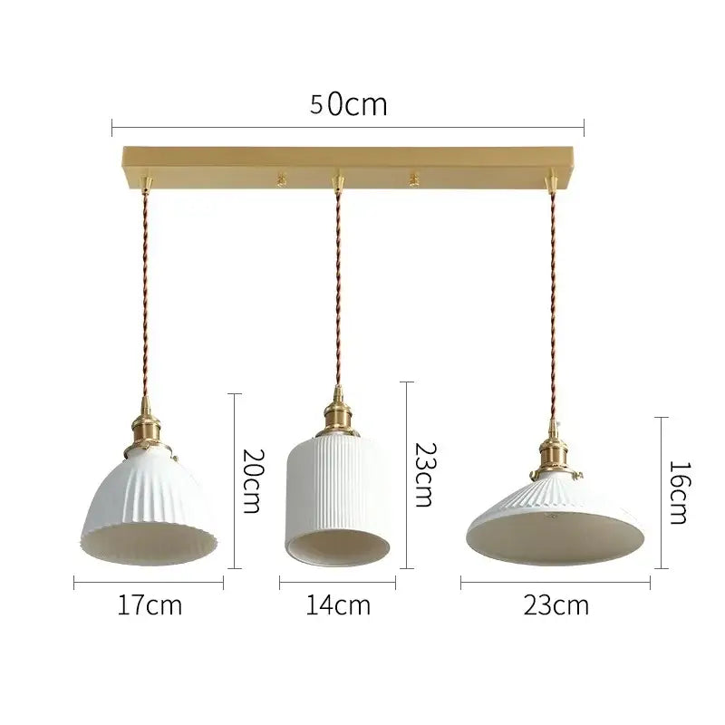 Set of three modern white textured ceramic led pendant lights with gold fixtures and braided cords for kitchen decorbites ceramic led