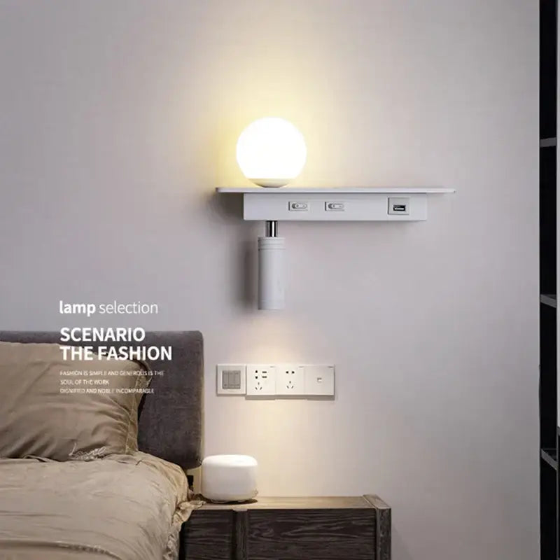 Modern white wall lamp with usb charging featuring a spherical frosted glass bulb for decorbites led bedside use