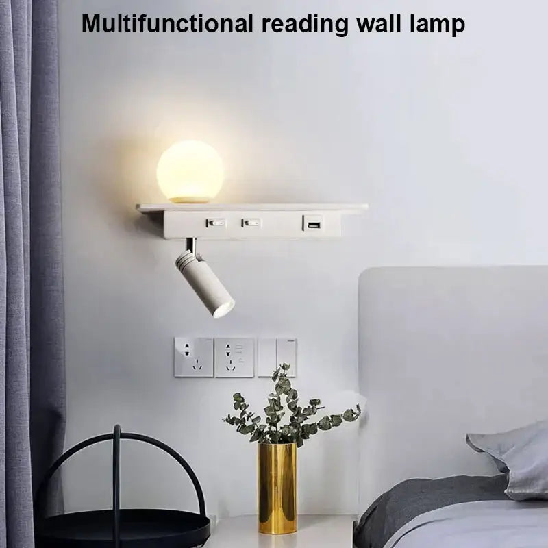 Modern white multifunctional wall lamp with usb charging featuring a spherical bulb and adjustable spotlight for bedroom decorbites led bedside use