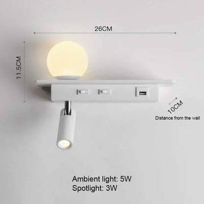 Modern white wall lamp with usb charging port featuring spherical ambient light and adjustable spotlight for bedroom decorbites led bedside use